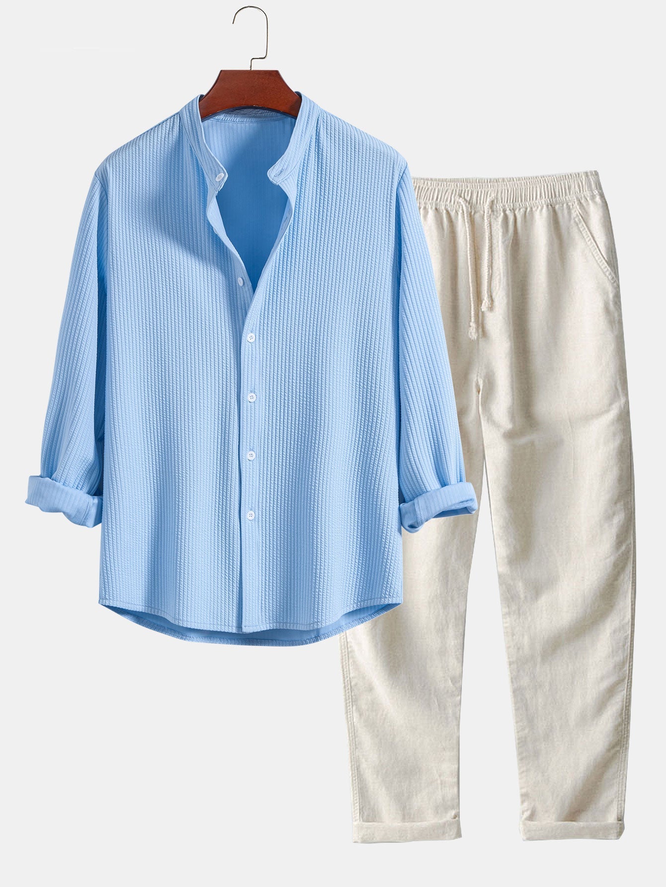 CAMICIA A MANICHE LUNGHE MUSCLE FIT A COSTE CON COLLO ALLA COREANA & PANTALONI IN LINO A GAMBA DRITTA