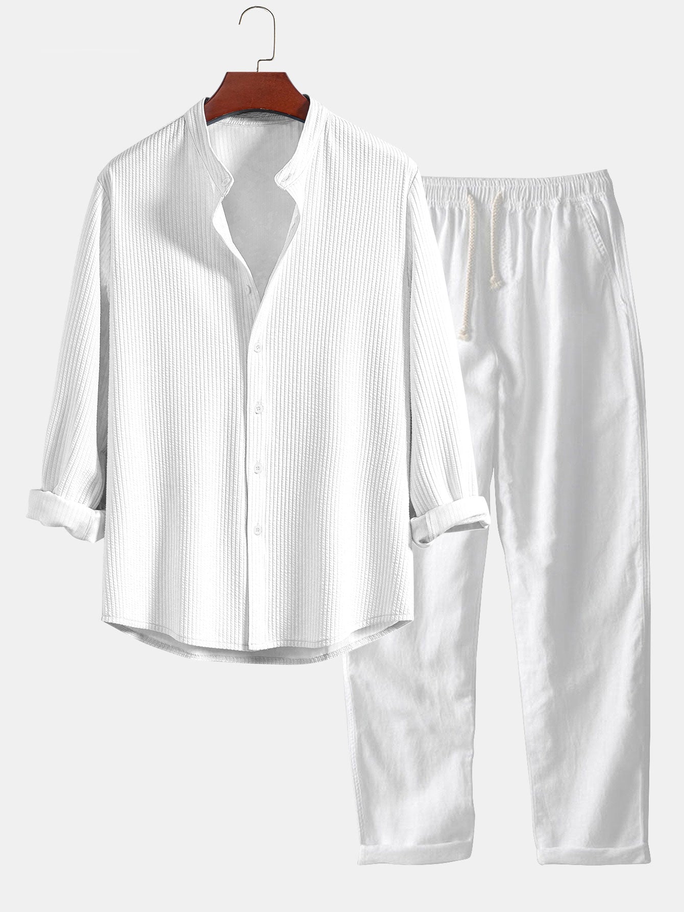 CAMICIA A MANICHE LUNGHE MUSCLE FIT A COSTE CON COLLO ALLA COREANA & PANTALONI IN LINO A GAMBA DRITTA