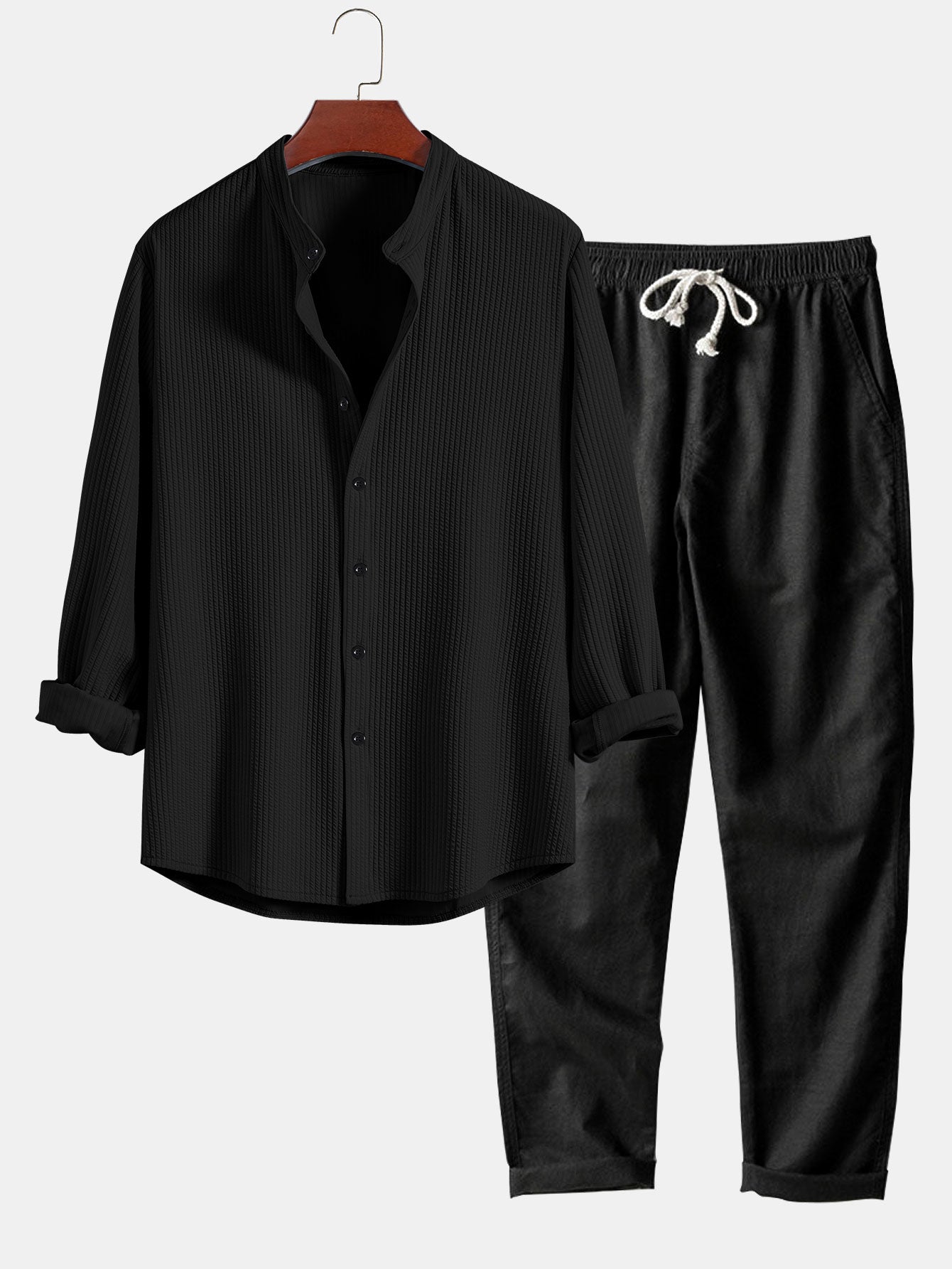 CAMICIA A MANICHE LUNGHE MUSCLE FIT A COSTE CON COLLO ALLA COREANA & PANTALONI IN LINO A GAMBA DRITTA