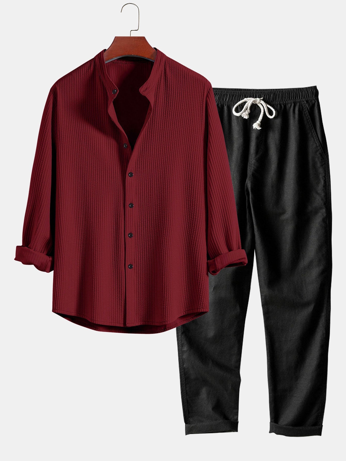 CAMICIA A MANICHE LUNGHE MUSCLE FIT A COSTE CON COLLO ALLA COREANA & PANTALONI IN LINO A GAMBA DRITTA