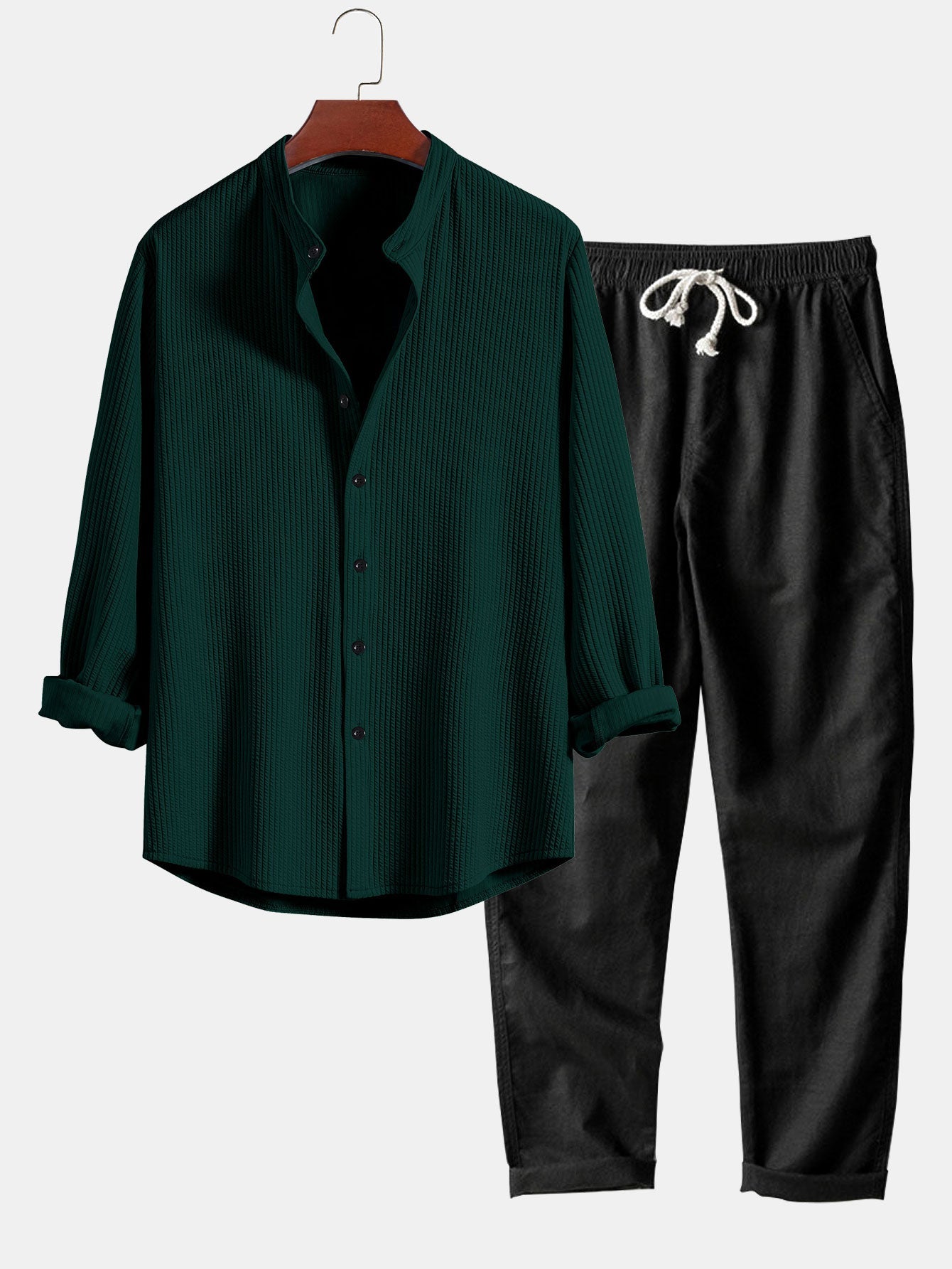 CAMICIA A MANICHE LUNGHE MUSCLE FIT A COSTE CON COLLO ALLA COREANA & PANTALONI IN LINO A GAMBA DRITTA