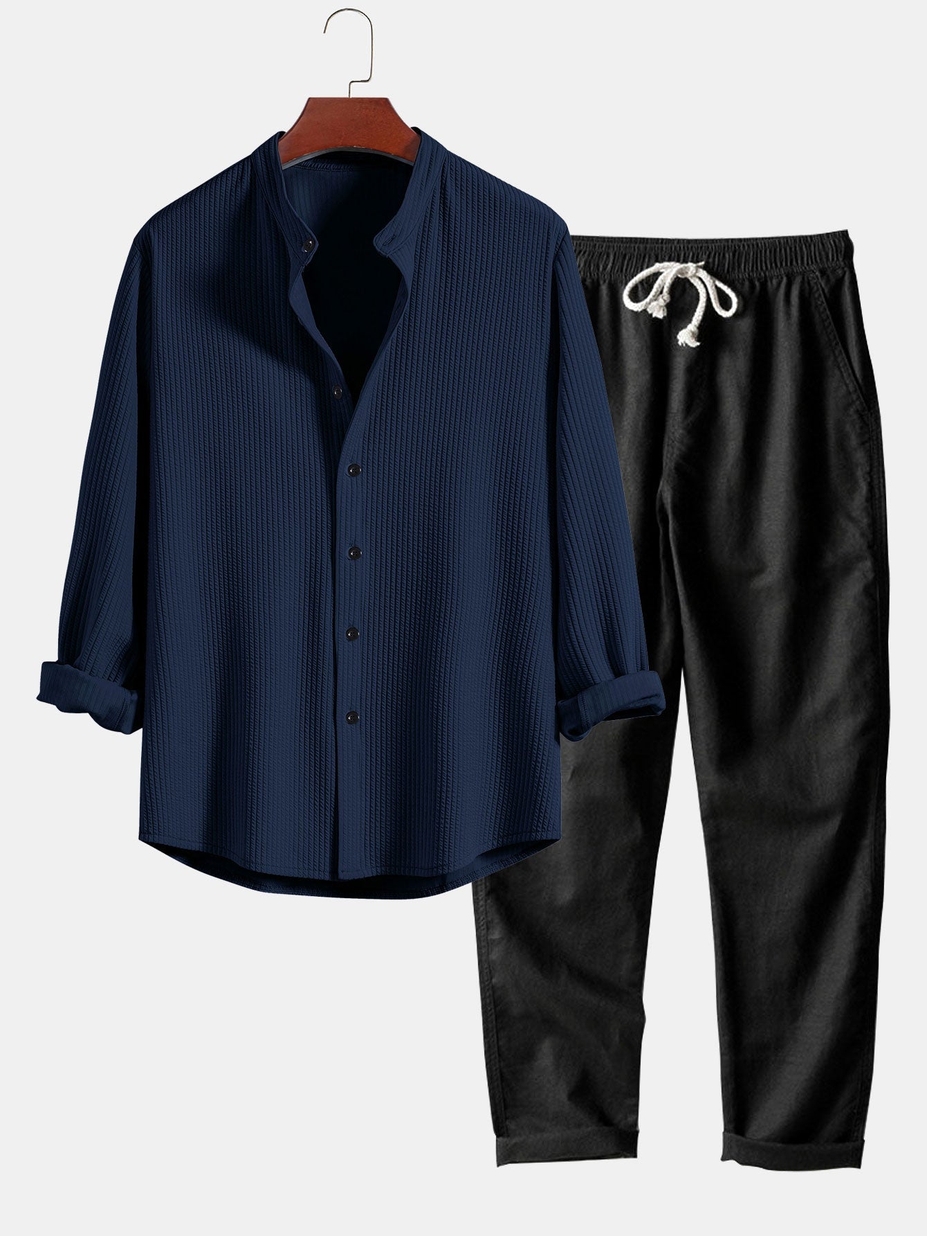 CAMICIA A MANICHE LUNGHE MUSCLE FIT A COSTE CON COLLO ALLA COREANA & PANTALONI IN LINO A GAMBA DRITTA