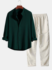CAMICIA A MANICHE LUNGHE MUSCLE FIT A COSTE CON COLLO ALLA COREANA & PANTALONI IN LINO A GAMBA DRITTA