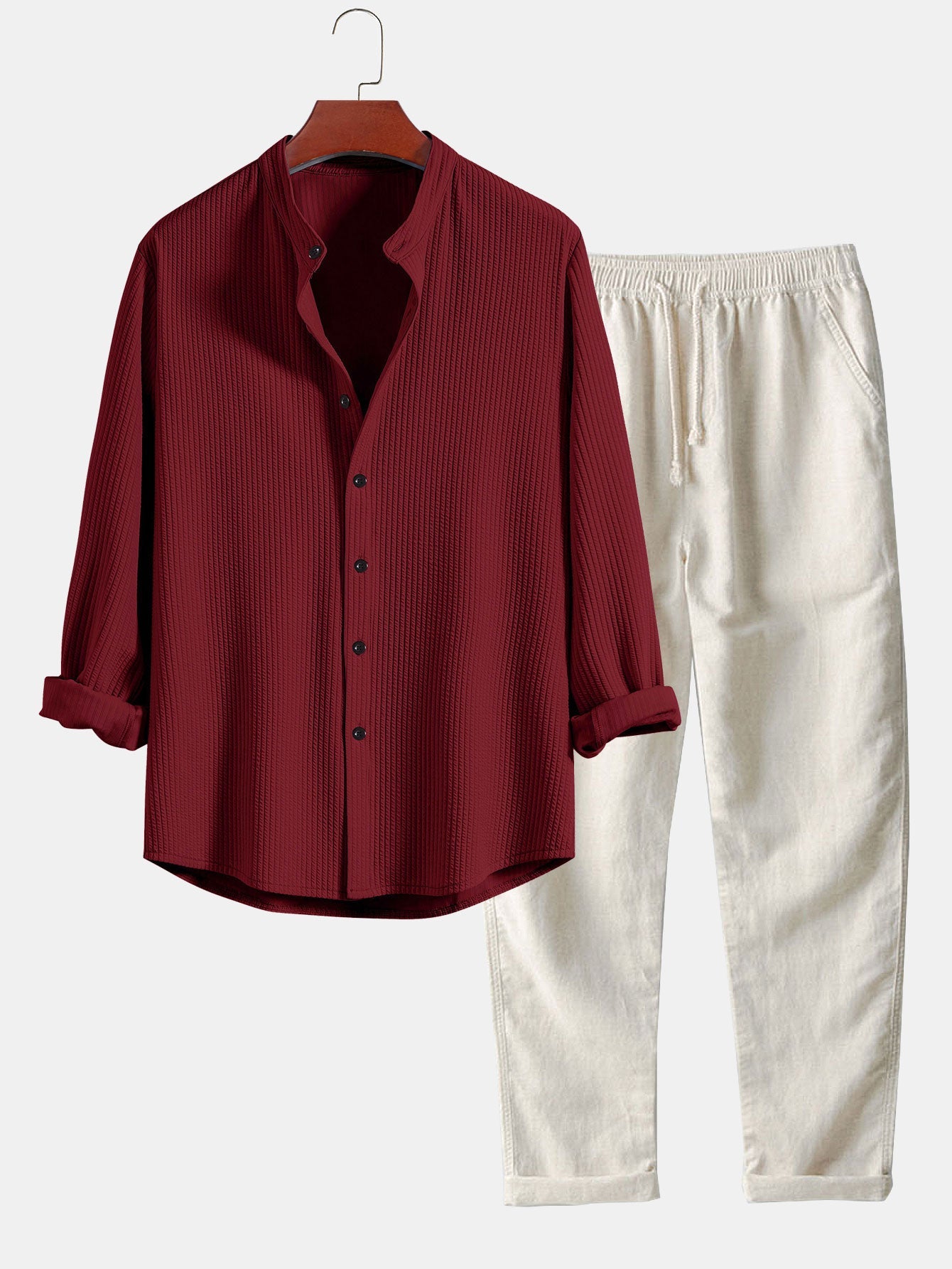 CAMICIA A MANICHE LUNGHE MUSCLE FIT A COSTE CON COLLO ALLA COREANA & PANTALONI IN LINO A GAMBA DRITTA