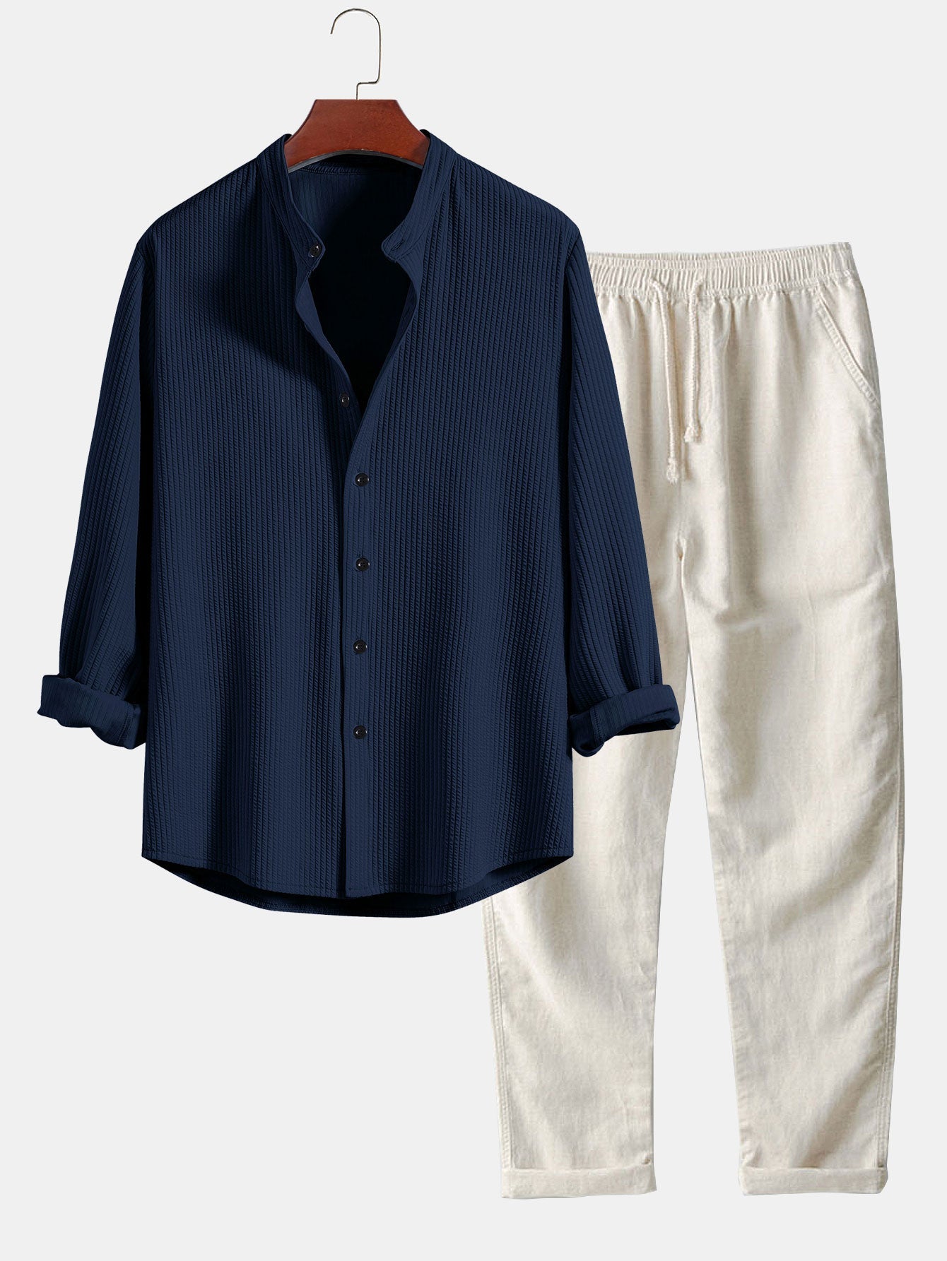 CAMICIA A MANICHE LUNGHE MUSCLE FIT A COSTE CON COLLO ALLA COREANA & PANTALONI IN LINO A GAMBA DRITTA