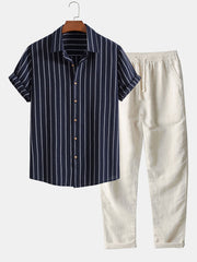 CAMICIA A RIGHE IN COTONE CON BOTTONI & PANTALONI DRITTI IN LINO