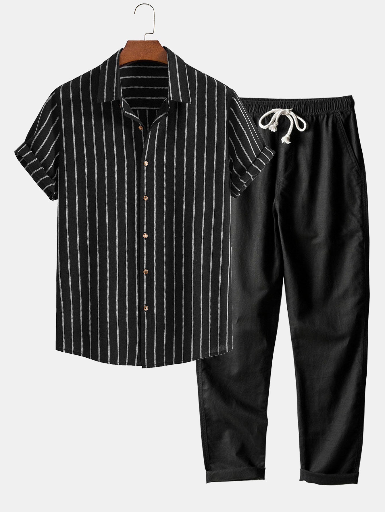 CAMICIA A RIGHE IN COTONE CON BOTTONI & PANTALONI DRITTI IN LINO