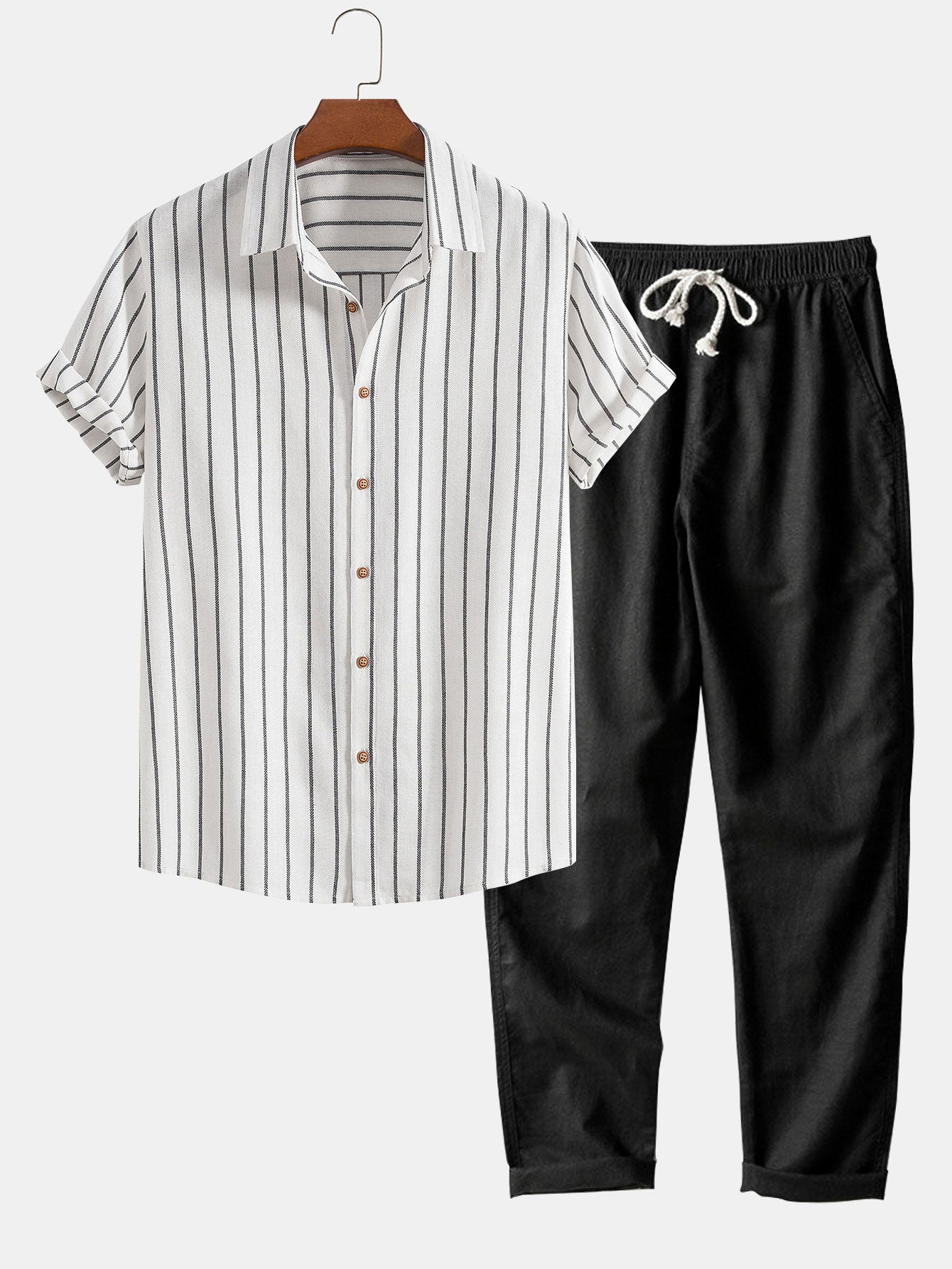 CAMICIA A RIGHE IN COTONE CON BOTTONI & PANTALONI DRITTI IN LINO