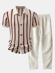 CAMICIA A RIGHE CON OCCHIELLI LAVORATI A MAGLIA & PANTALONI DI LINO A GAMBA DRITTA