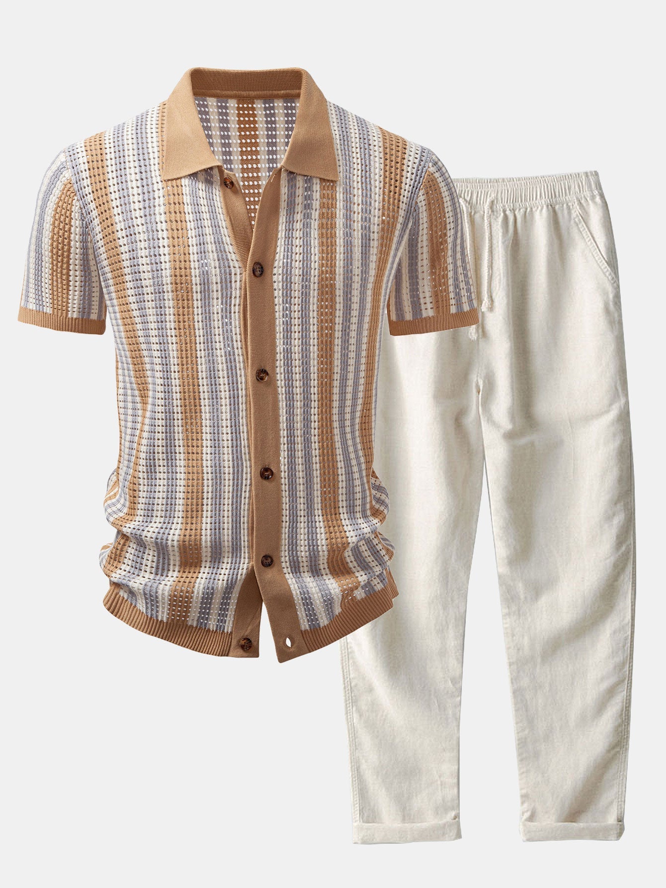 CAMICIA A RIGHE CON OCCHIELLI ALL'UNCINETTO E PANTALONI DI LINO CON GAMBA DRITTA