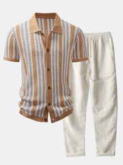 CAMICIA A RIGHE CON OCCHIELLI ALL'UNCINETTO E PANTALONI DI LINO CON GAMBA DRITTA