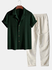 CAMICIA CUBANA A MANICHE CORTE IN MAGLIA WAFFLE & PANTALONI DRITTI IN LINO