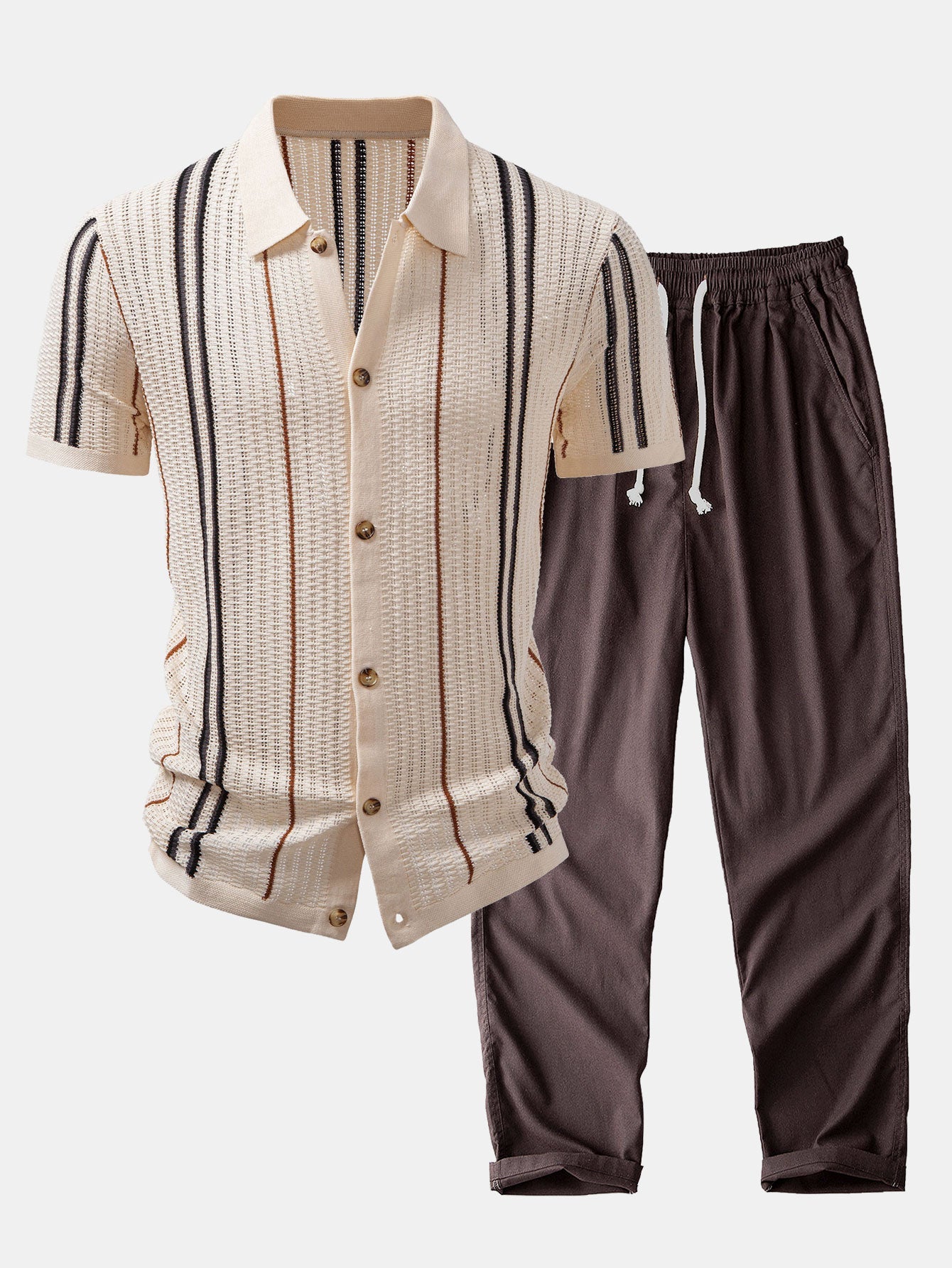 CAMICIA A RIGHE ALL'UNCINETTO CON BOTTONI & PANTALONI IN LINO CON GAMBA DRITTA