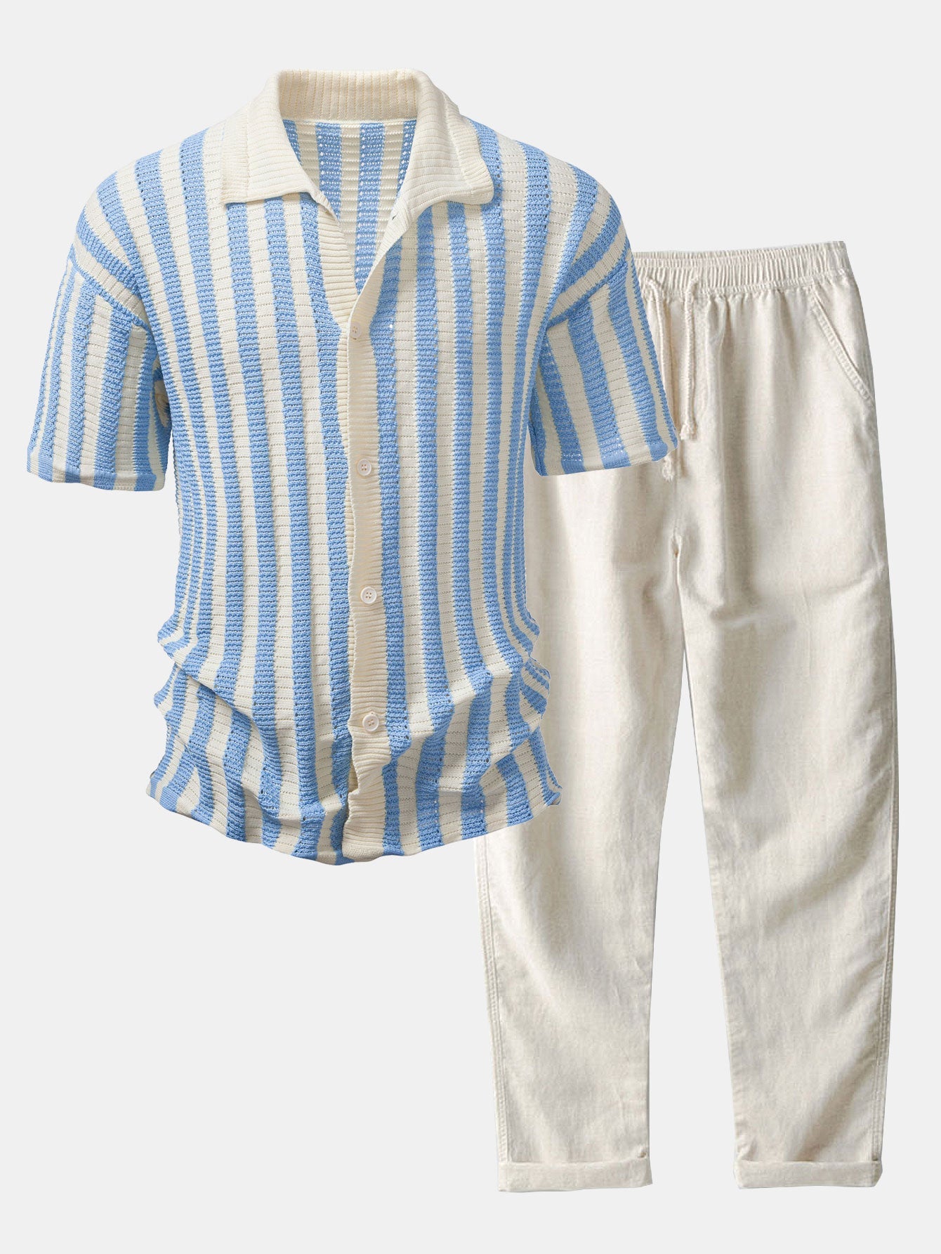 CAMICIA CON SPALLE SCHESE E RIGHE ALL'UNCINETTO & PANTALONI IN LINO CON GAMBA DRITTA