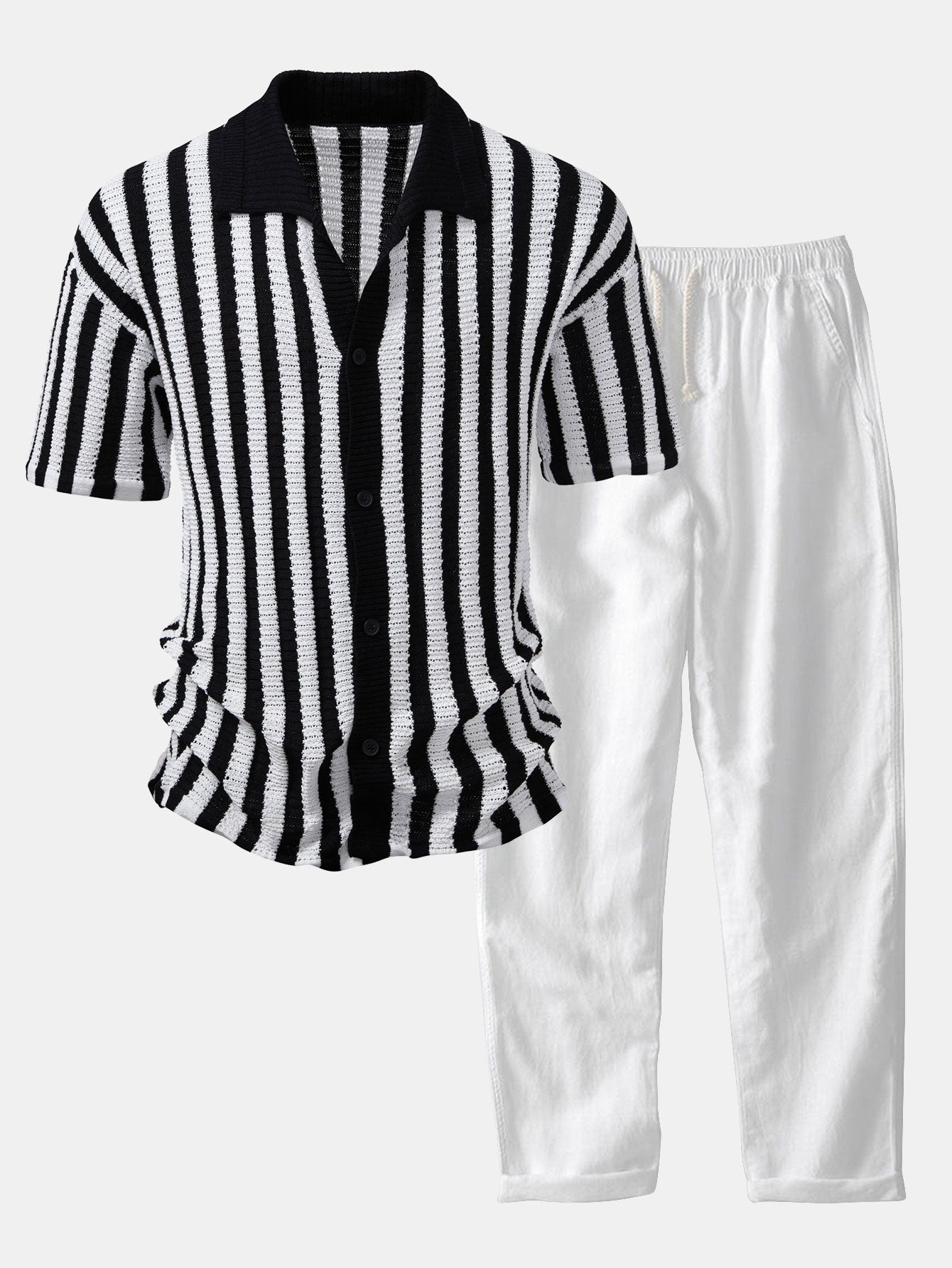 CAMICIA CON SPALLE SCHESE E RIGHE ALL'UNCINETTO & PANTALONI IN LINO CON GAMBA DRITTA