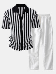 CAMICIA CON SPALLE SCHESE E RIGHE ALL'UNCINETTO & PANTALONI IN LINO CON GAMBA DRITTA