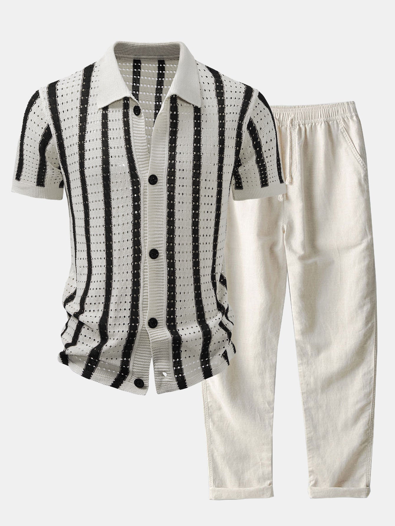 CAMICIA A RIGHE CON OCCHIELLI LAVORATI A MAGLIA & PANTALONI DI LINO A GAMBA DRITTA