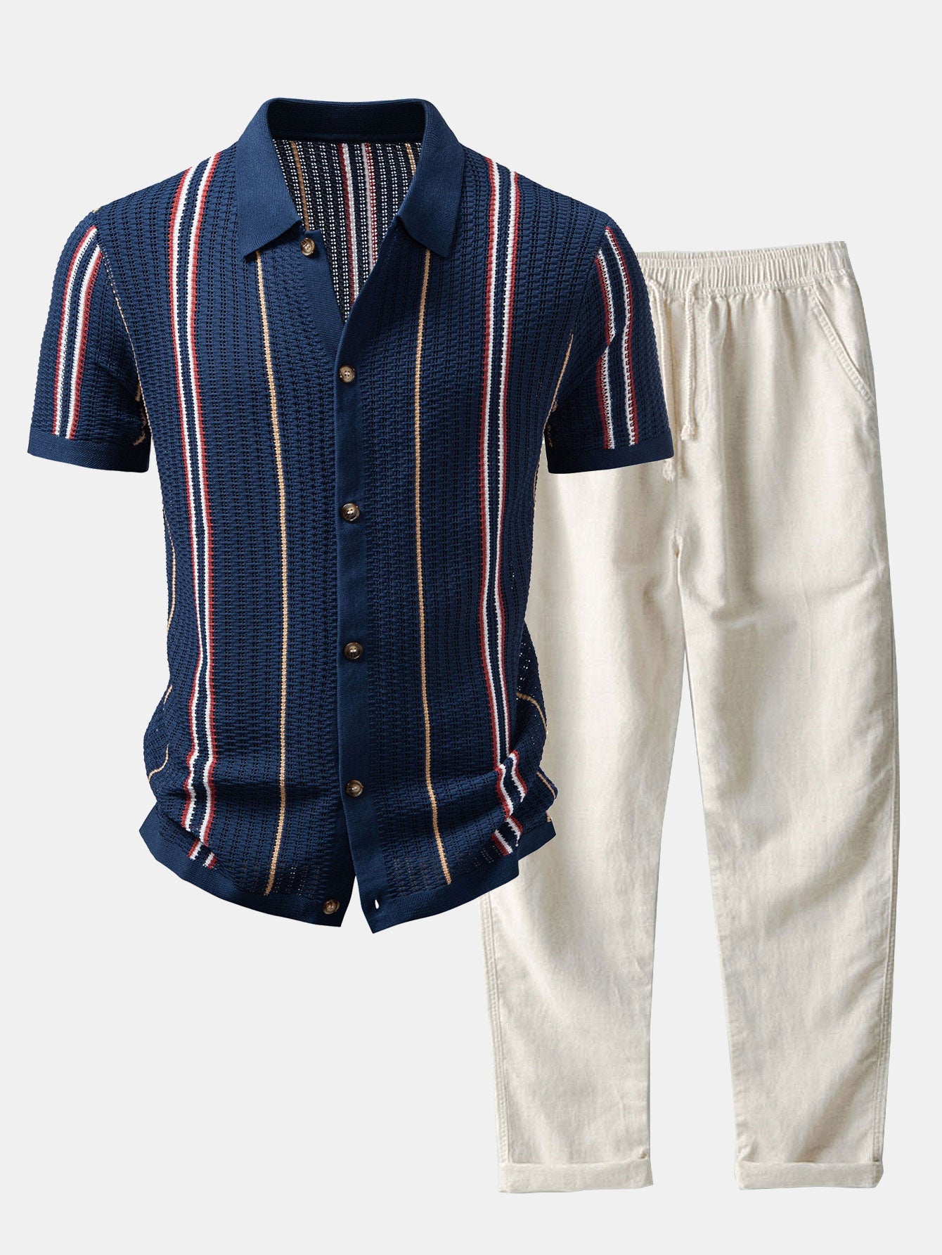 CAMICIA A RIGHE ALL'UNCINETTO CON BOTTONI & PANTALONI IN LINO CON GAMBA DRITTA