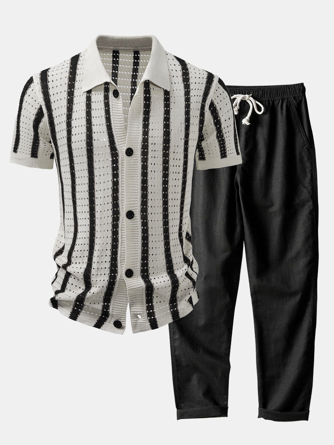 CAMICIA A RIGHE CON OCCHIELLI LAVORATI A MAGLIA & PANTALONI DI LINO A GAMBA DRITTA