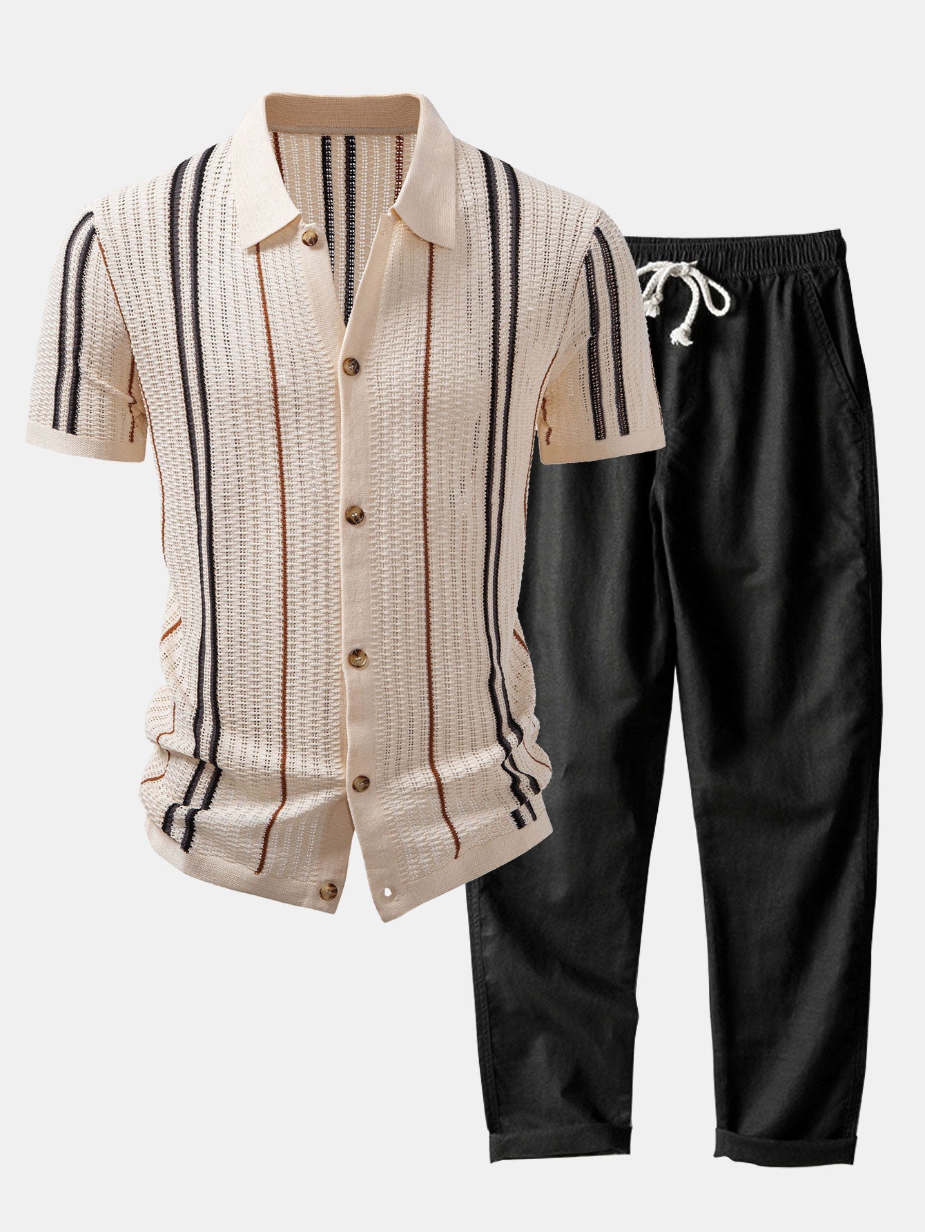 CAMICIA A RIGHE ALL'UNCINETTO CON BOTTONI & PANTALONI IN LINO CON GAMBA DRITTA