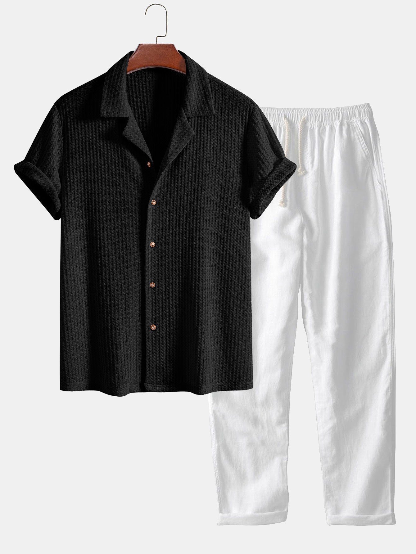 CAMICIA CUBANA A MANICHE CORTE IN MAGLIA WAFFLE & PANTALONI DRITTI IN LINO