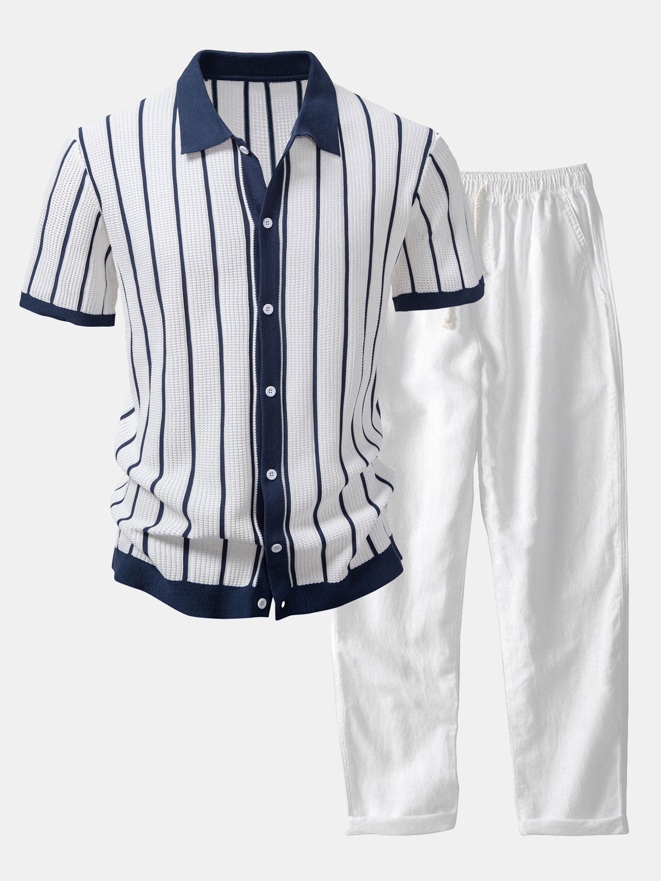 CAMICIA A RIGHE IN MAGLIA CON BOTTONI & PANTALONI IN LINO DRITTI