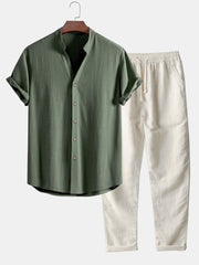 CAMICIA IN LINO E RAYON CON SCOLLO A V & PANTALONI IN LINO A GAMBA DRITTA