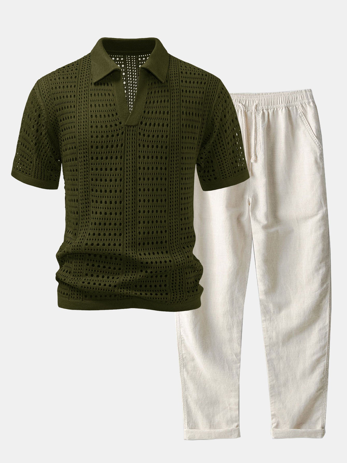 POLO A V IN CROCHET & PANTALONI IN LINO CON GAMBA DRITTA