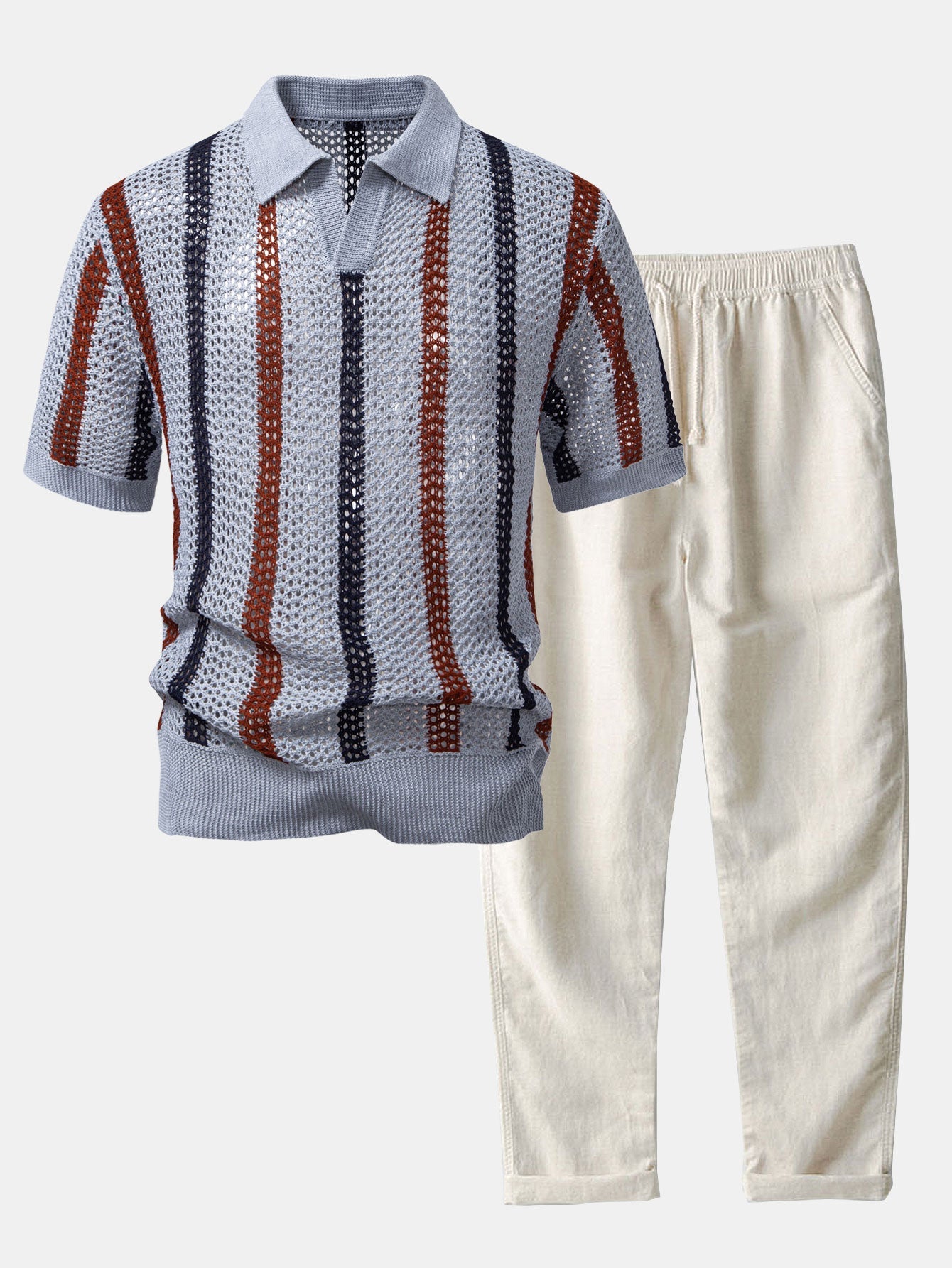 POLO A V ALL'UNCINETTO & PANTALONI IN LINO DRITTI