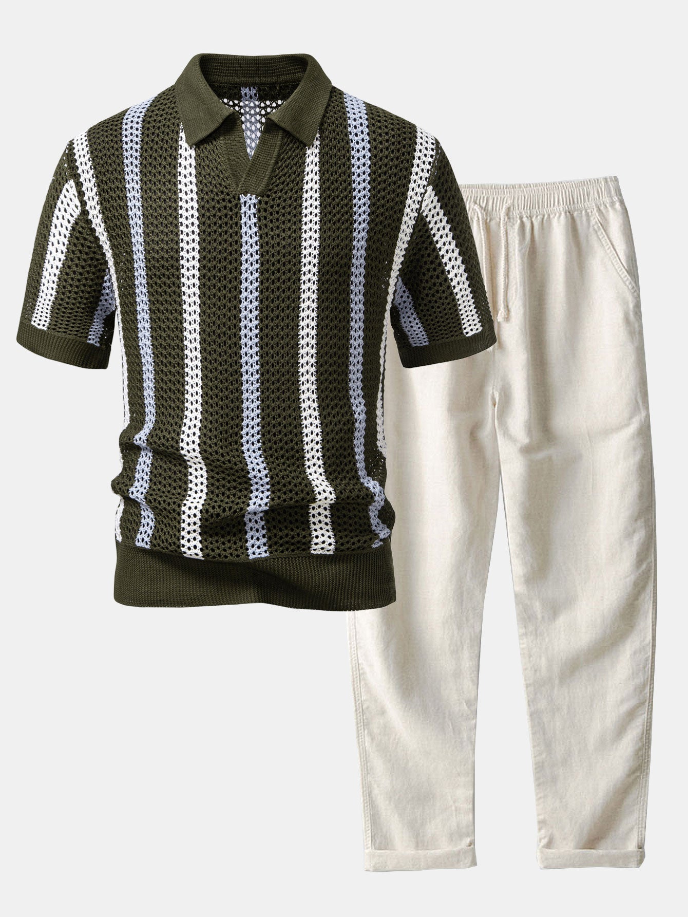 POLO A V ALL'UNCINETTO & PANTALONI IN LINO DRITTI