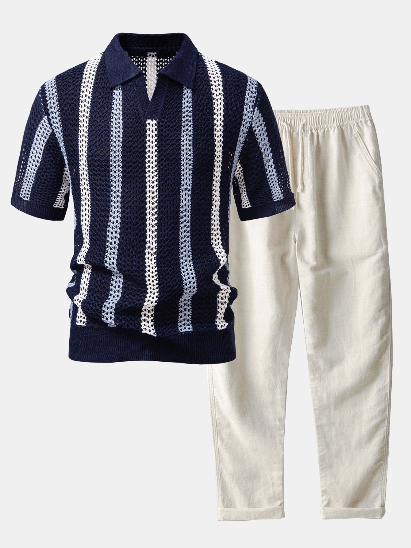 POLO A V ALL'UNCINETTO & PANTALONI IN LINO DRITTI