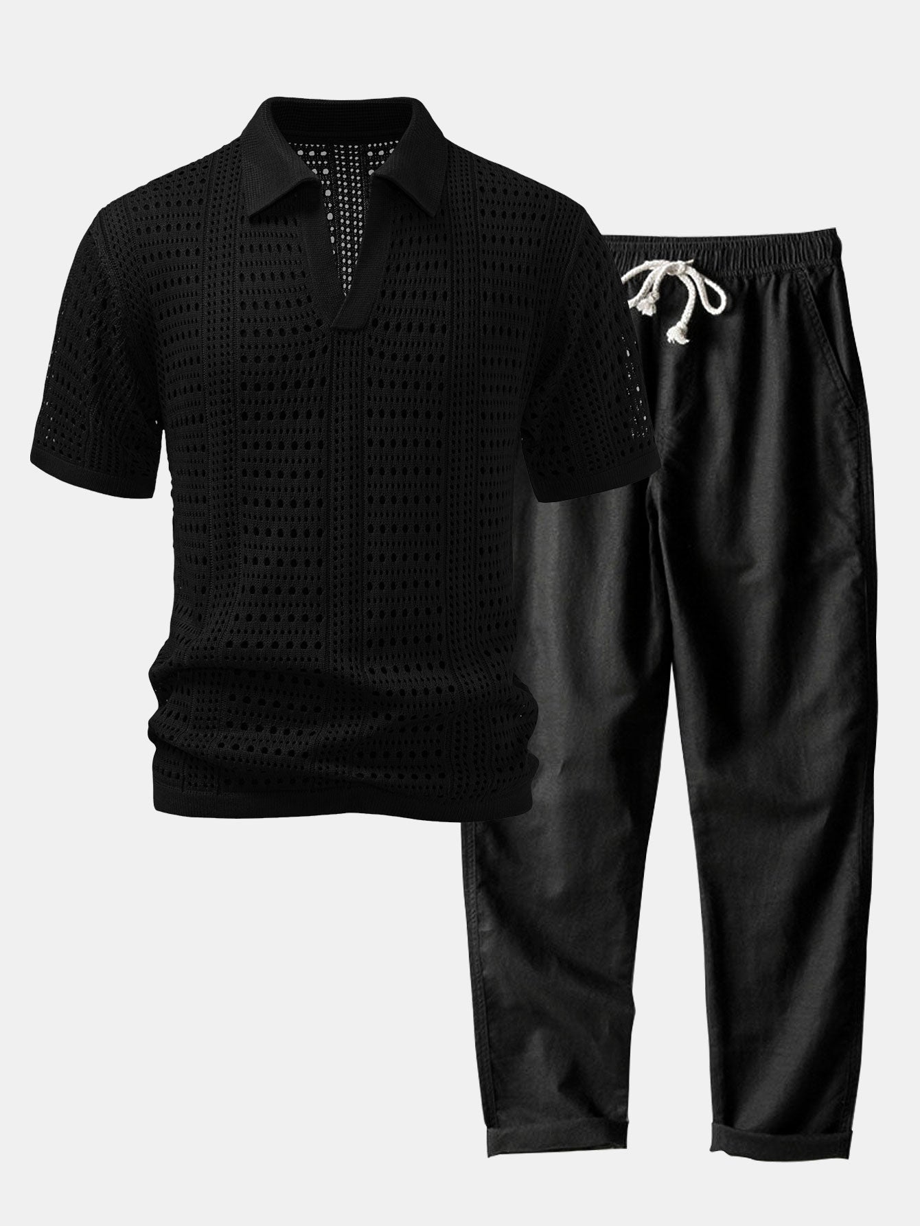 POLO A V IN CROCHET & PANTALONI IN LINO CON GAMBA DRITTA